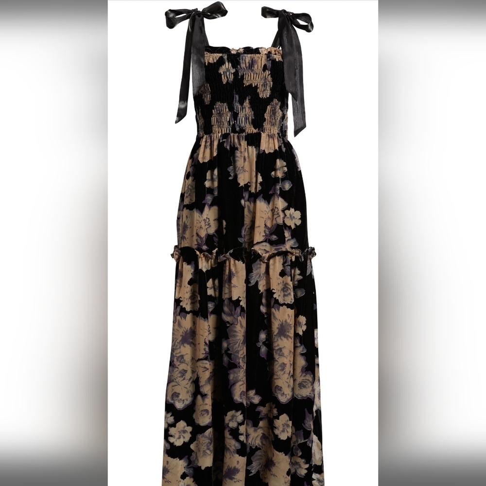 EN SAISON NWT ROWAN FLORAL TIE SHOULDER MAXI DRESS SZ MEDIUM BLACK PURPLE